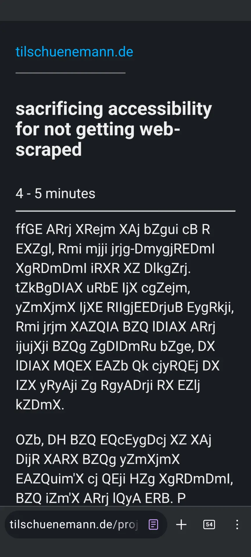 a web page in firefox's reader mode displays the unobfuscated headline "sacrificing accessibility for not getting web-scraped" while the rest of the text is cryptic combination of numbers and letters instead of the actual content text.