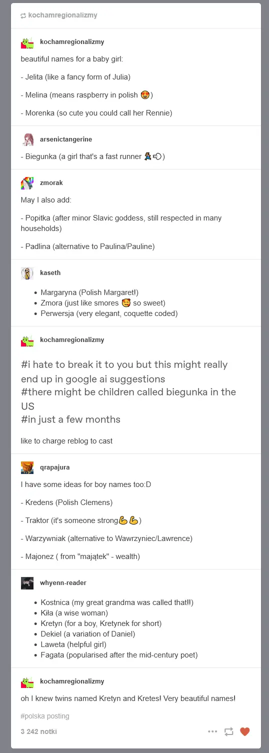 tubmblr screenshot with polish names that might mean something completely different in polish