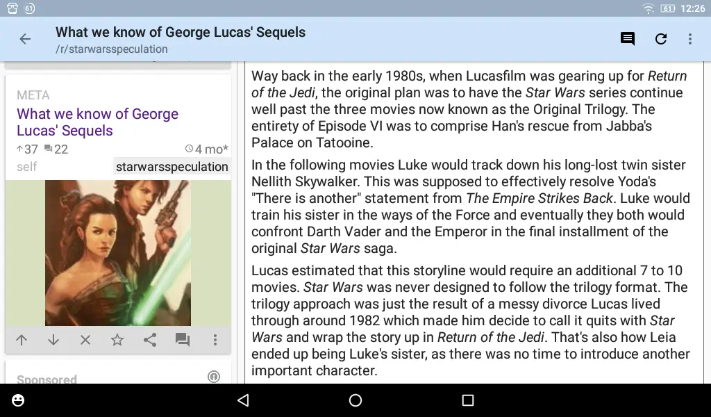 screenshot of a post on RiF showing Lucas's plan for Luke's sister to be nellith and they would confront Vader in the finale