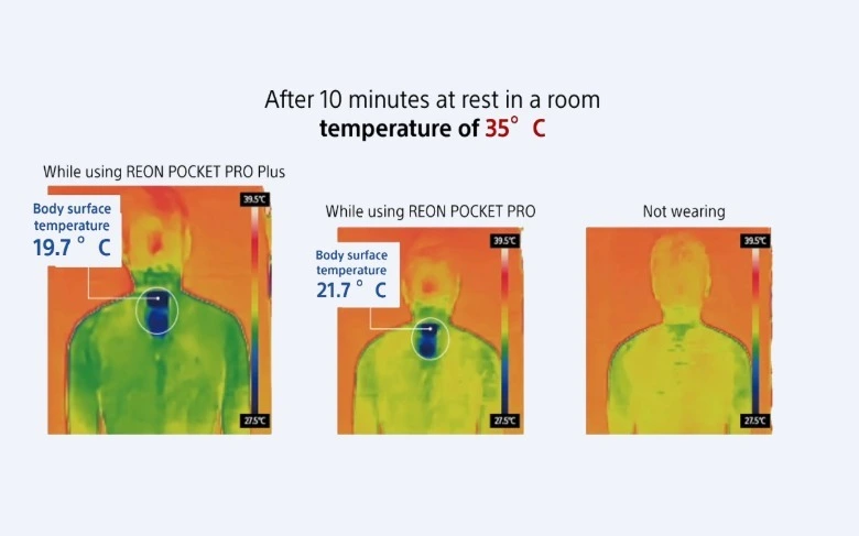 An image from the article, allegedly demonstrating the cooling effects of the device by showing thermal imagery of a person wearing it vs not wearing it.